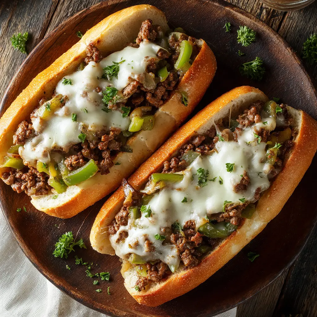 A close-up of the ground beef and vegetable filling for the Philly cheesesteak recipe, cooking in a cast-iron skillet.