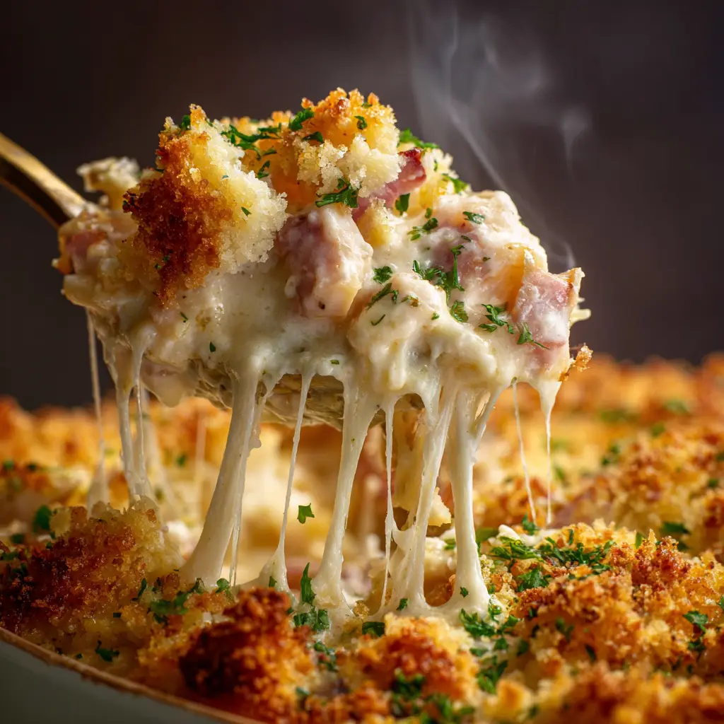 A serving of ham and swiss chicken casserole on a plate, garnished with fresh parsley.