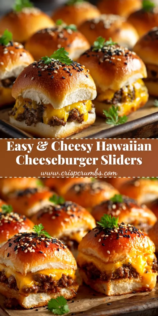 A platter of golden-baked Hawaiian Roll Cheeseburger Sliders, topped with sesame seeds and ready to be served for a party.