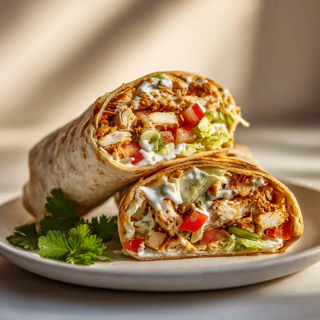 The fresh ingredients for the healthy chicken crunch wrap, including shredded chicken, diced peppers, and Greek yogurt sauce, arranged neatly.