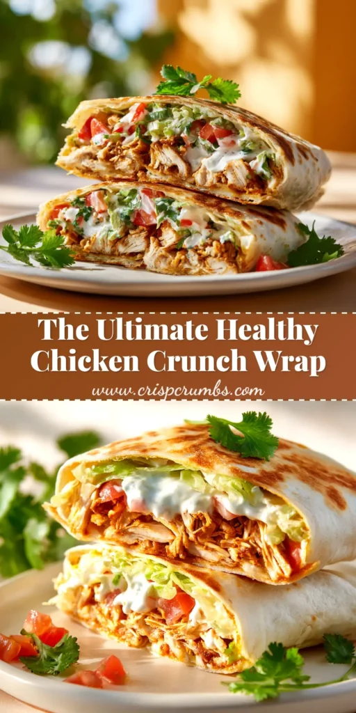 A golden-brown Healthy Chicken Crunch Wrap cut in half to show the delicious layers of chicken, cheese, and tostada, with fresh cilantro garnish.