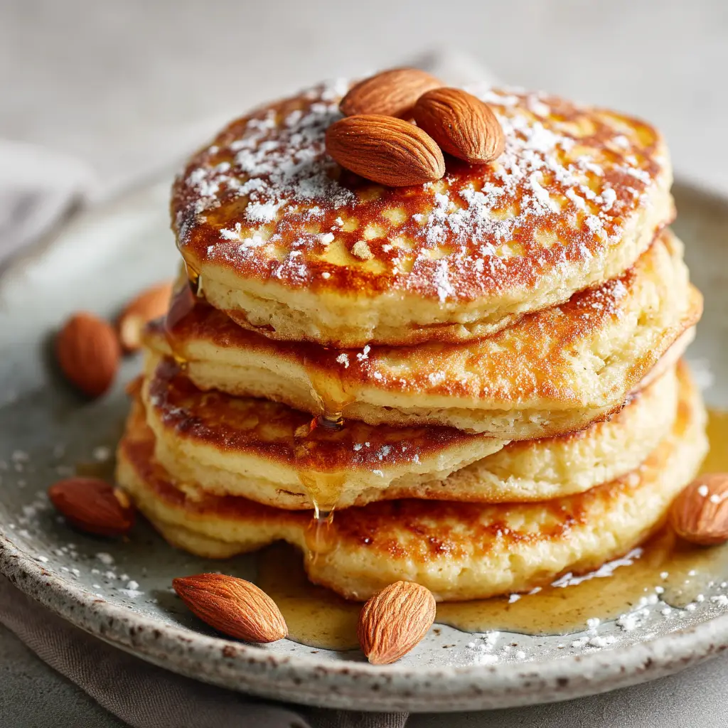A side view of a stack of five gluten-free almond flour pancakes showing their height and fluffy texture, with maple syrup being poured over them.