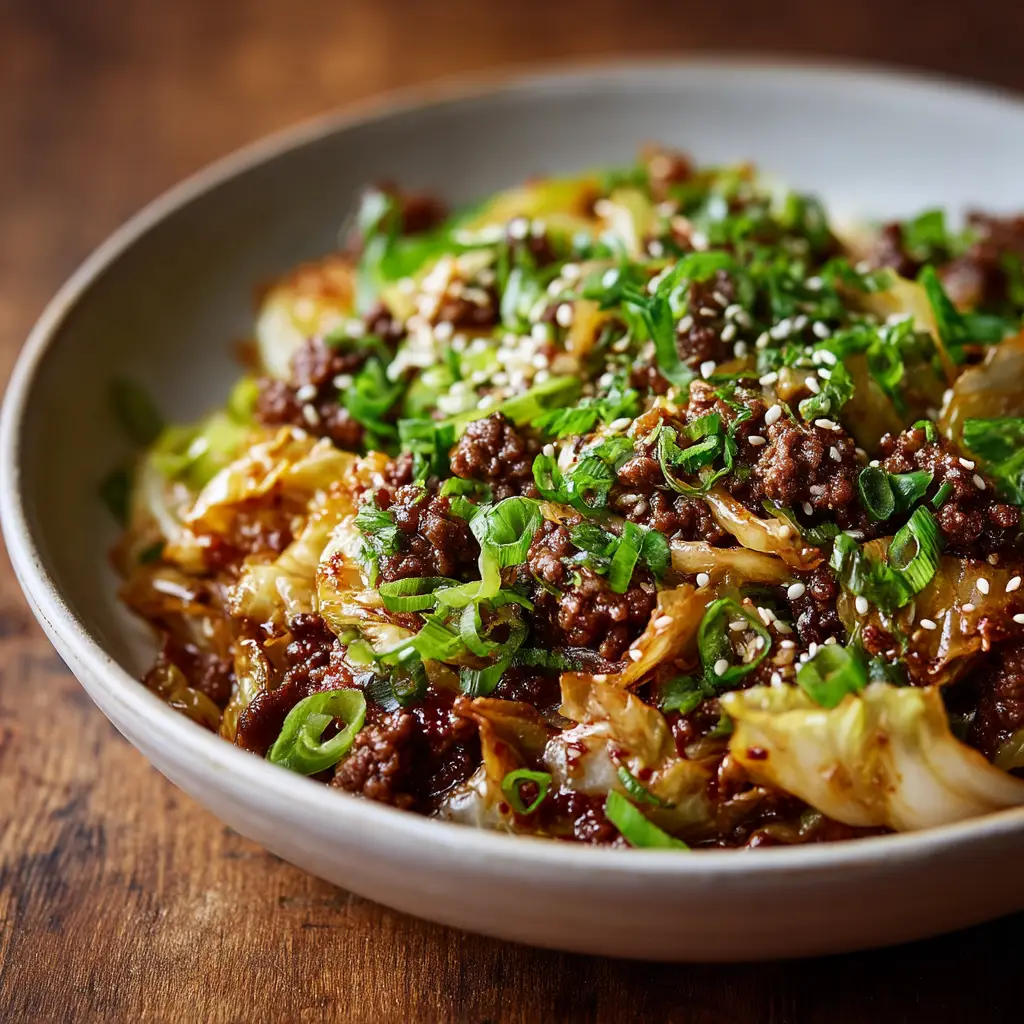 A serving of healthy Mongolian ground beef stir-fry with chopsticks, showcasing the final dish ready to be eaten.