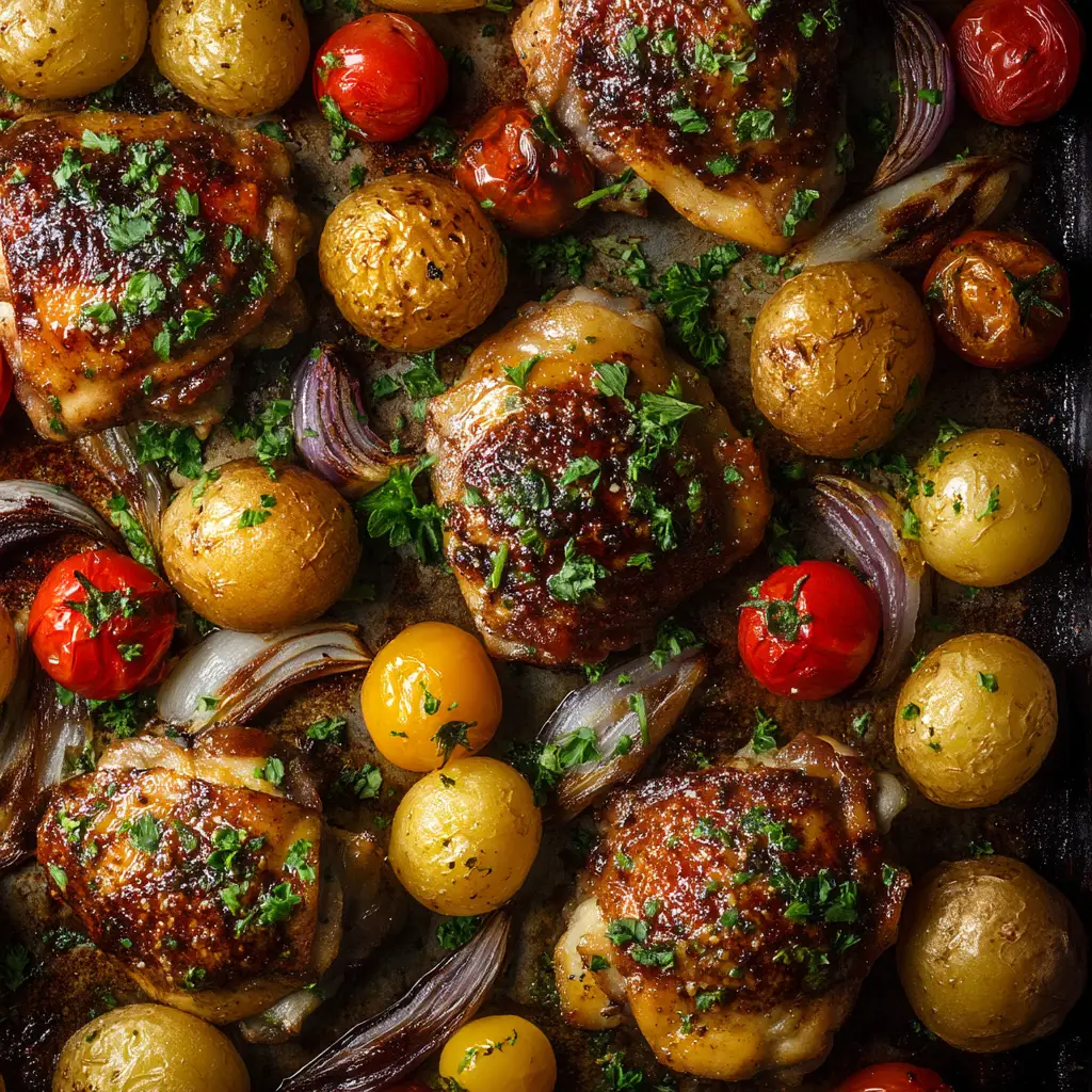 A serving of the finished sheet pan balsamic chicken and veggies on a white plate, ready to eat.