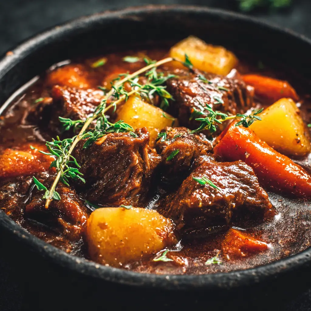 An overhead close-up shot of a rustic dark ceramic bowl filled with hearty beef stew, ready to be served.