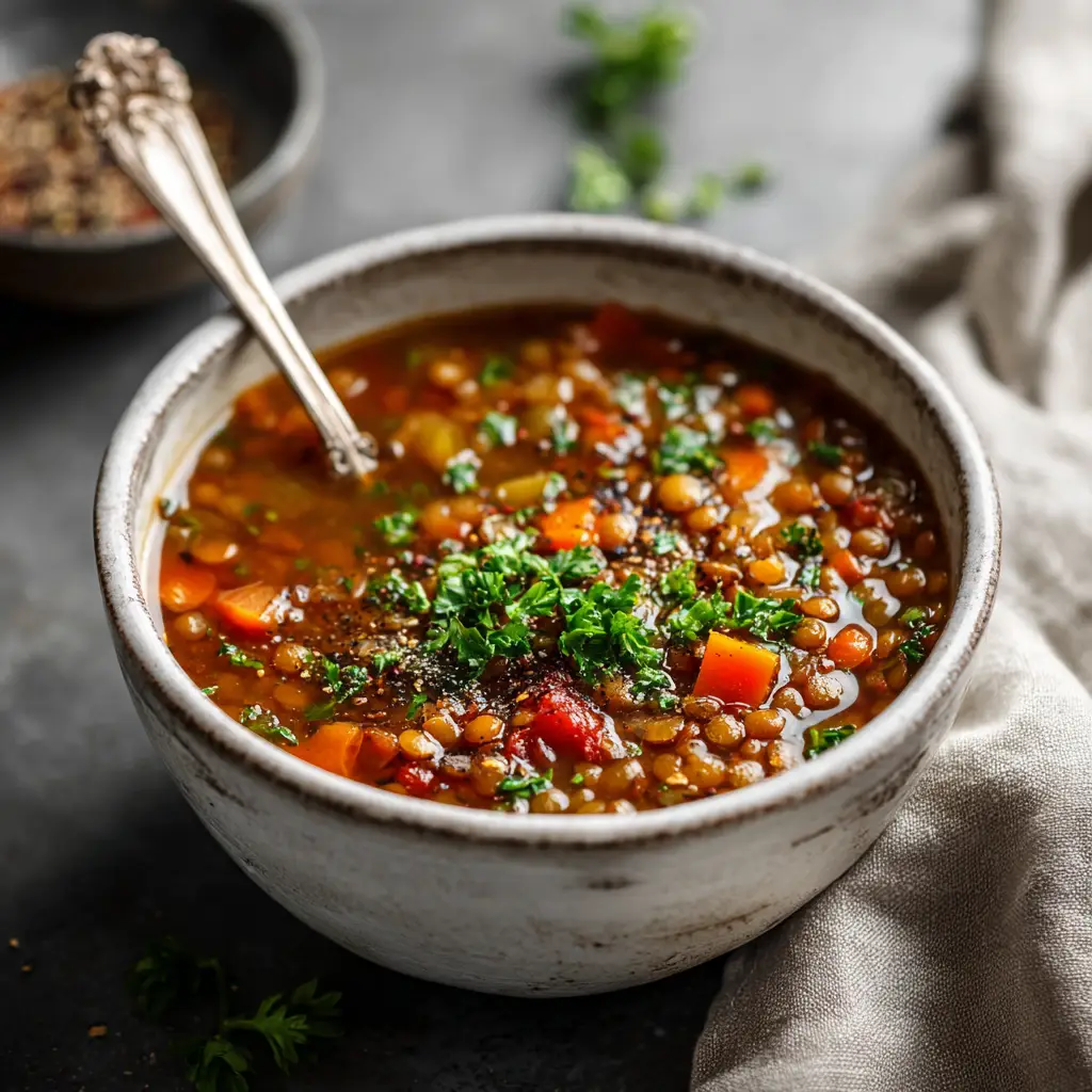 A close-up shot of the texture of a hearty lentil soup, showing the tender lentils, diced carrots, and celery in a savory broth.