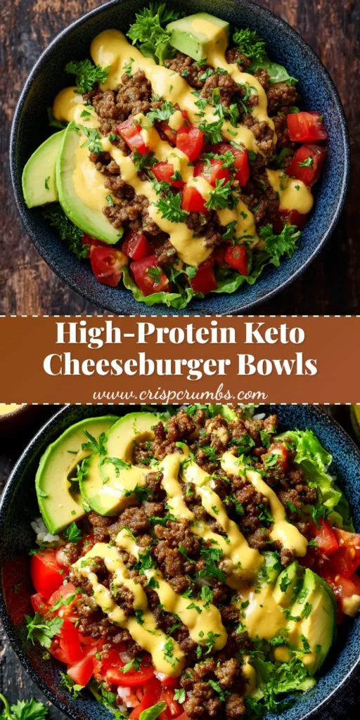 A pin graphic for High-Protein Cheeseburger Bowls with an overhead shot of the finished dish and bold text overlay.