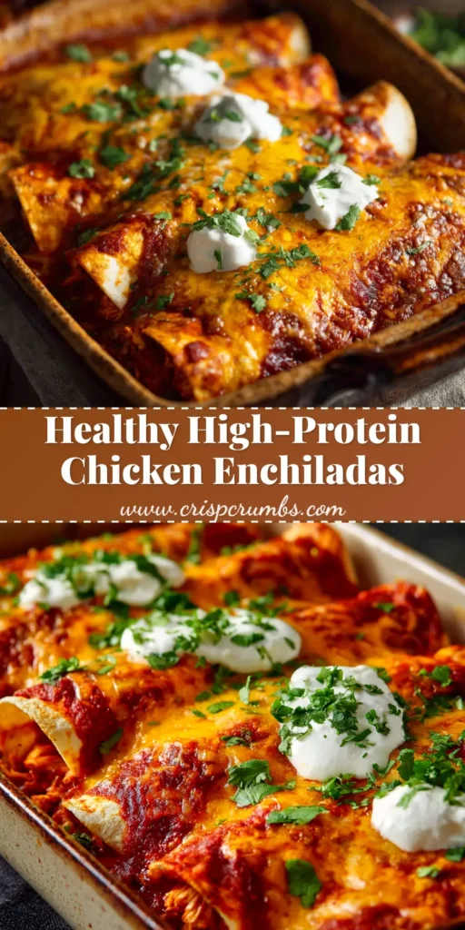 A close-up shot of cheesy high protein chicken enchiladas baked in a casserole dish, garnished with fresh cilantro. The perfect healthy and delicious dinner recipe.