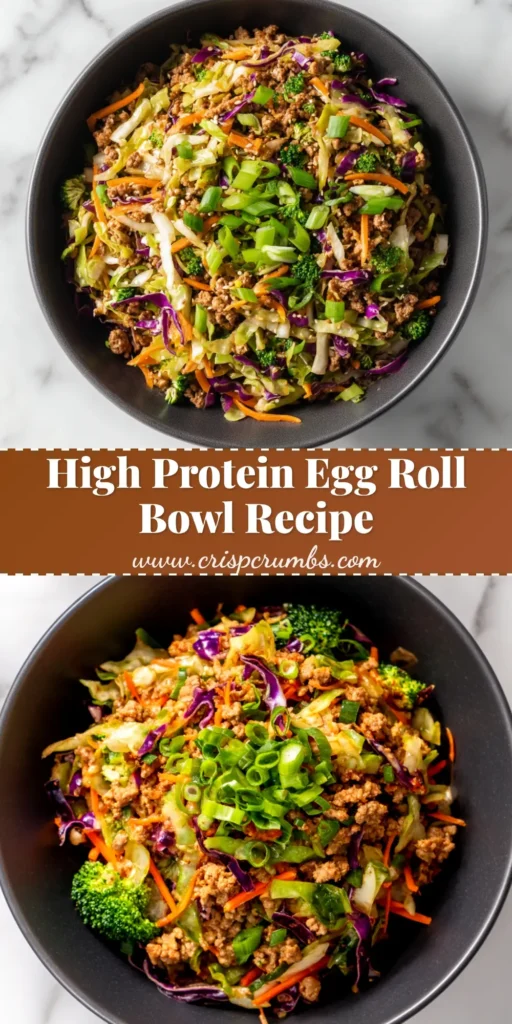A delicious and easy High Protein Egg Roll in a Bowl recipe in a white bowl, drizzled with creamy sriracha sauce and garnished with green onions. Perfect for a healthy 30-minute meal.