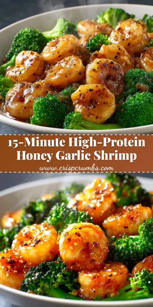 A stunning overhead shot of High-Protein Honey Garlic Shrimp in a white bowl, garnished with sesame seeds and green onions, showcasing the glossy honey garlic sauce.