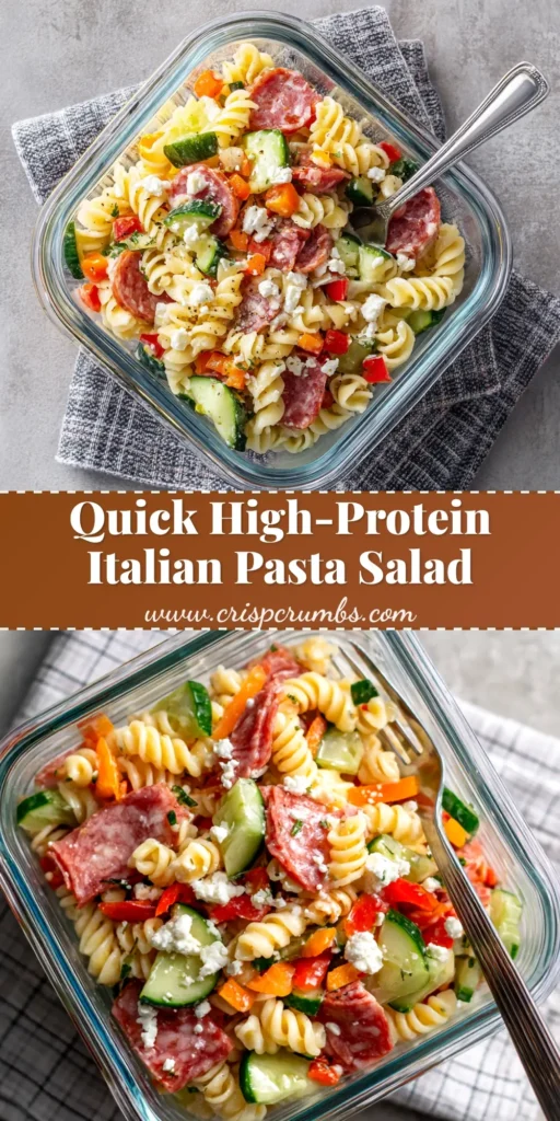 A large white bowl filled with High-Protein Italian Pasta Salad, showing rotini pasta, chicken, salami, tomatoes, and mozzarella pearls. Perfect for a healthy meal prep lunch.