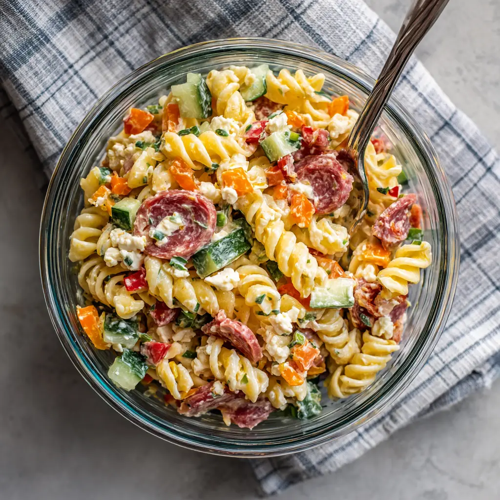 A serving of Italian pasta salad for meal prep, highlighting the mozzarella pearls, cherry tomatoes, and rotini pasta tossed in vinaigrette.