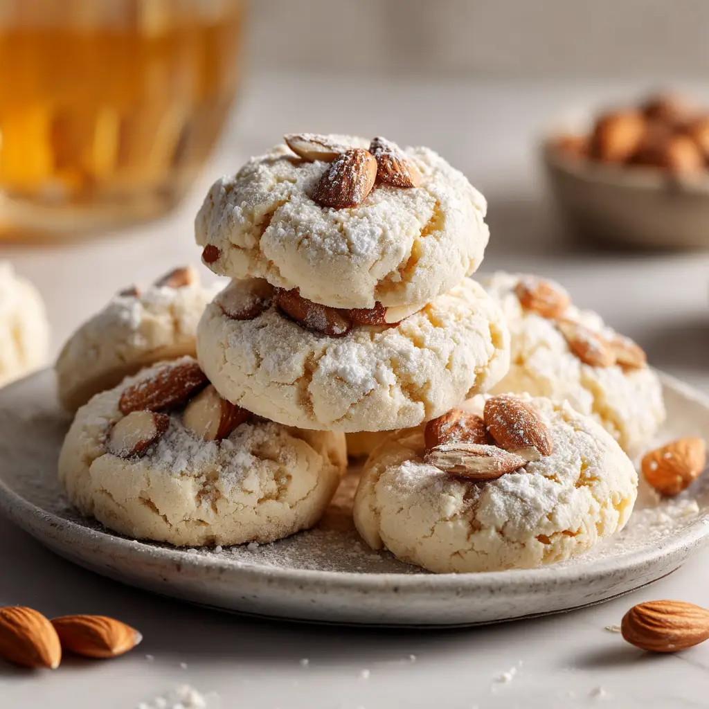 A plate of homemade almond ricotta cookies next to a bowl of ingredients like flour and eggs.