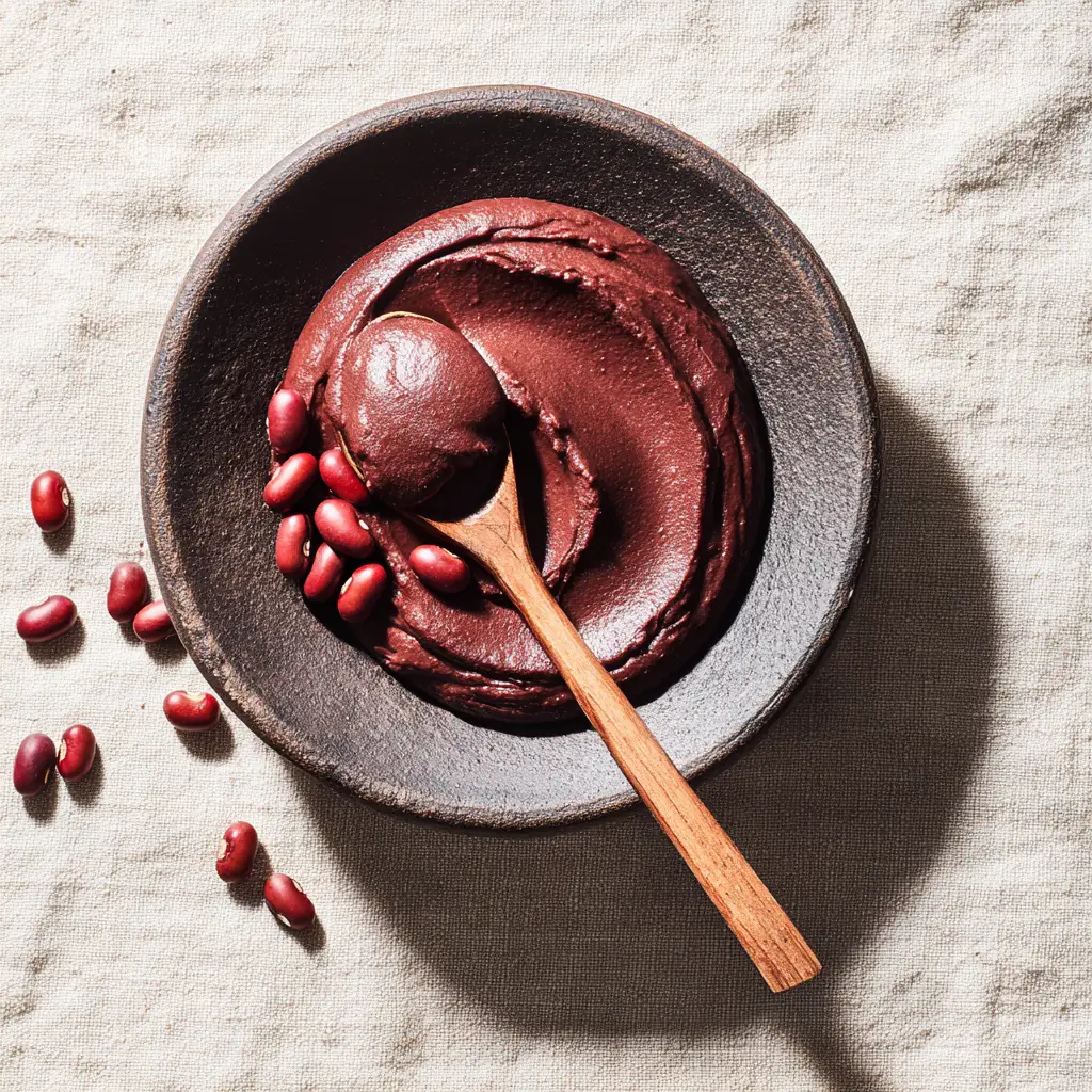 The process of making the homemade anko recipe, with the red bean paste thickening in a pot.