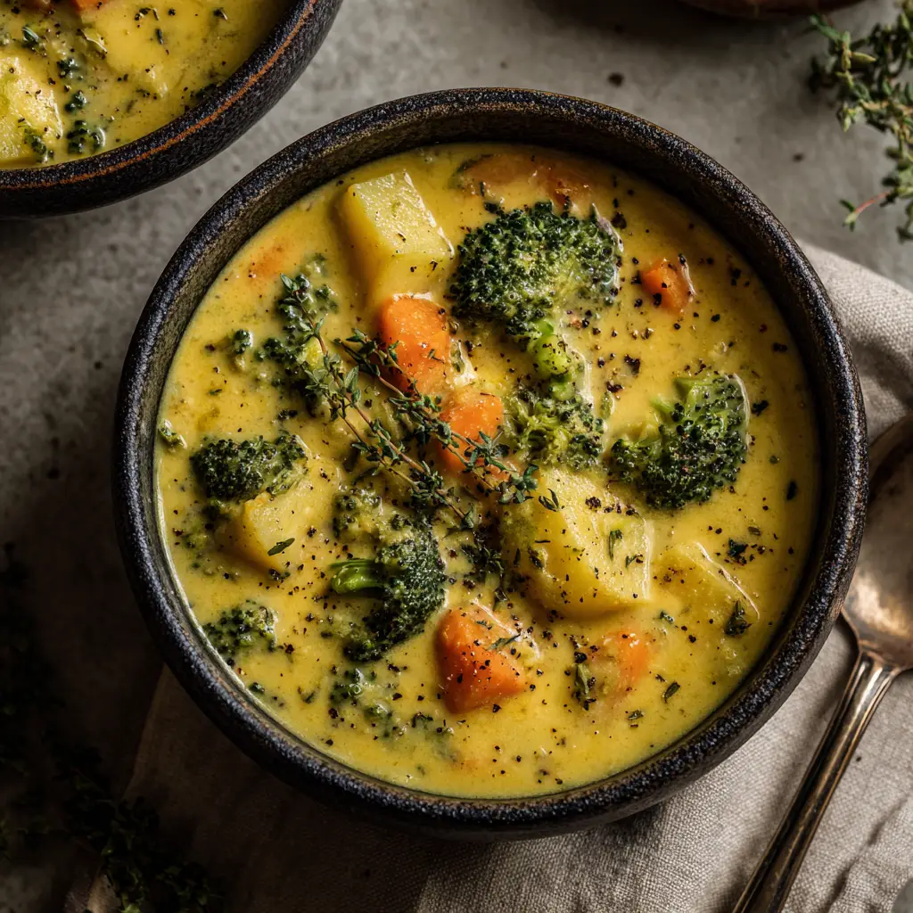 A spoonful of creamy homemade broccoli cheddar potato soup being lifted from a bowl, showing its rich and smooth texture.