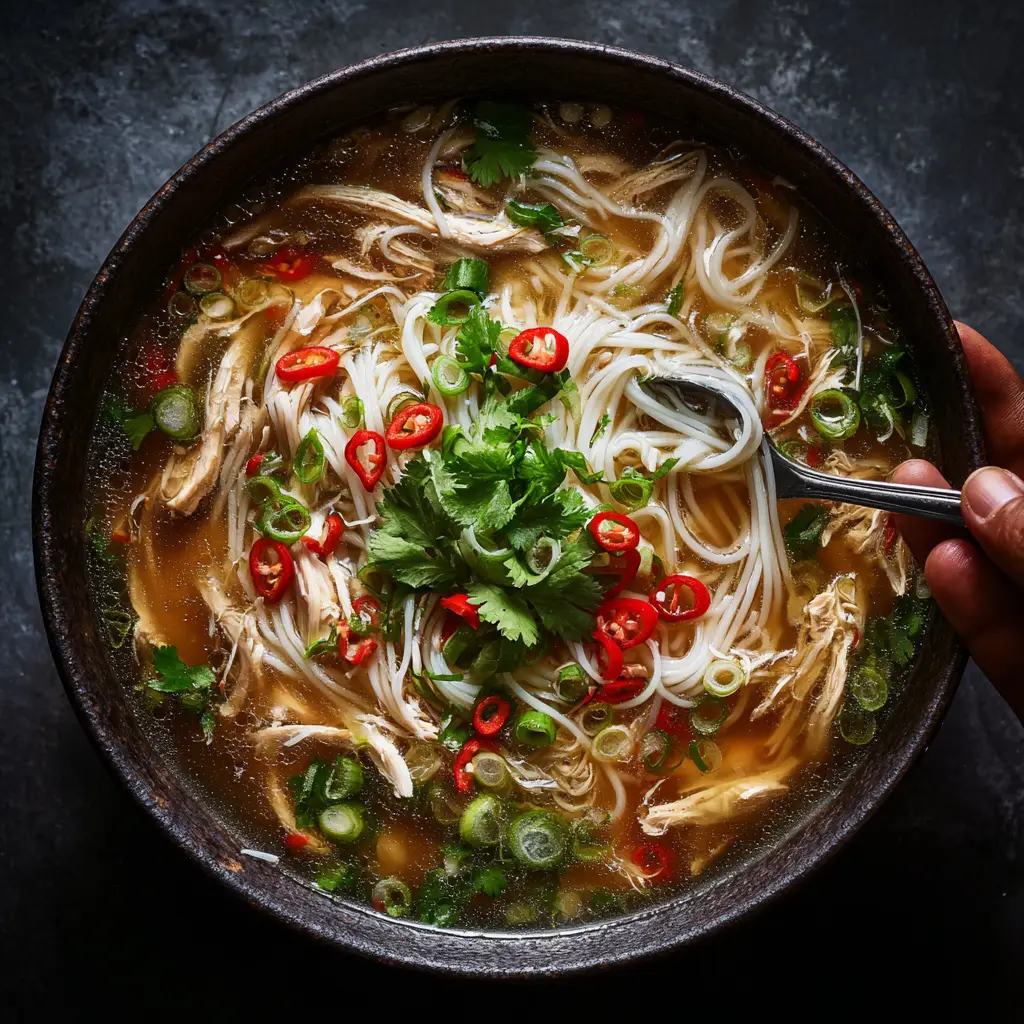 A spoonful of homemade chicken noodle soup with ginger and garlic being lifted from a bowl, highlighting the texture of the noodles and chicken.