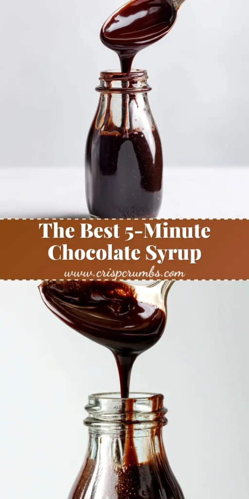 A jar of rich, dark homemade chocolate syrup being drizzled with a spoon. The perfect 5-minute recipe for ice cream and desserts.