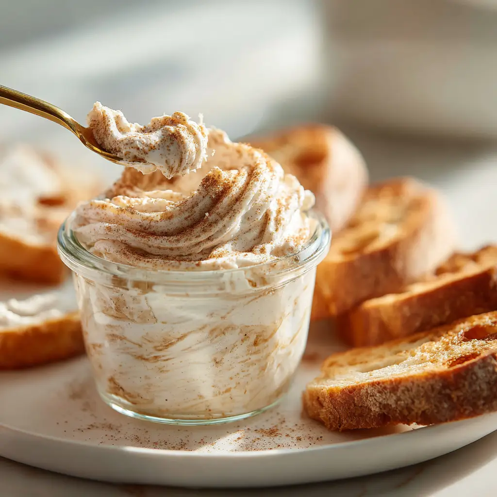 A spoonful of creamy homemade cinnamon butter being spread on a warm dinner roll.