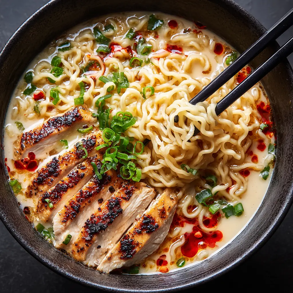 A full bowl of homemade chicken ramen with all the toppings, including a jammy egg, green onions, and sesame seeds.