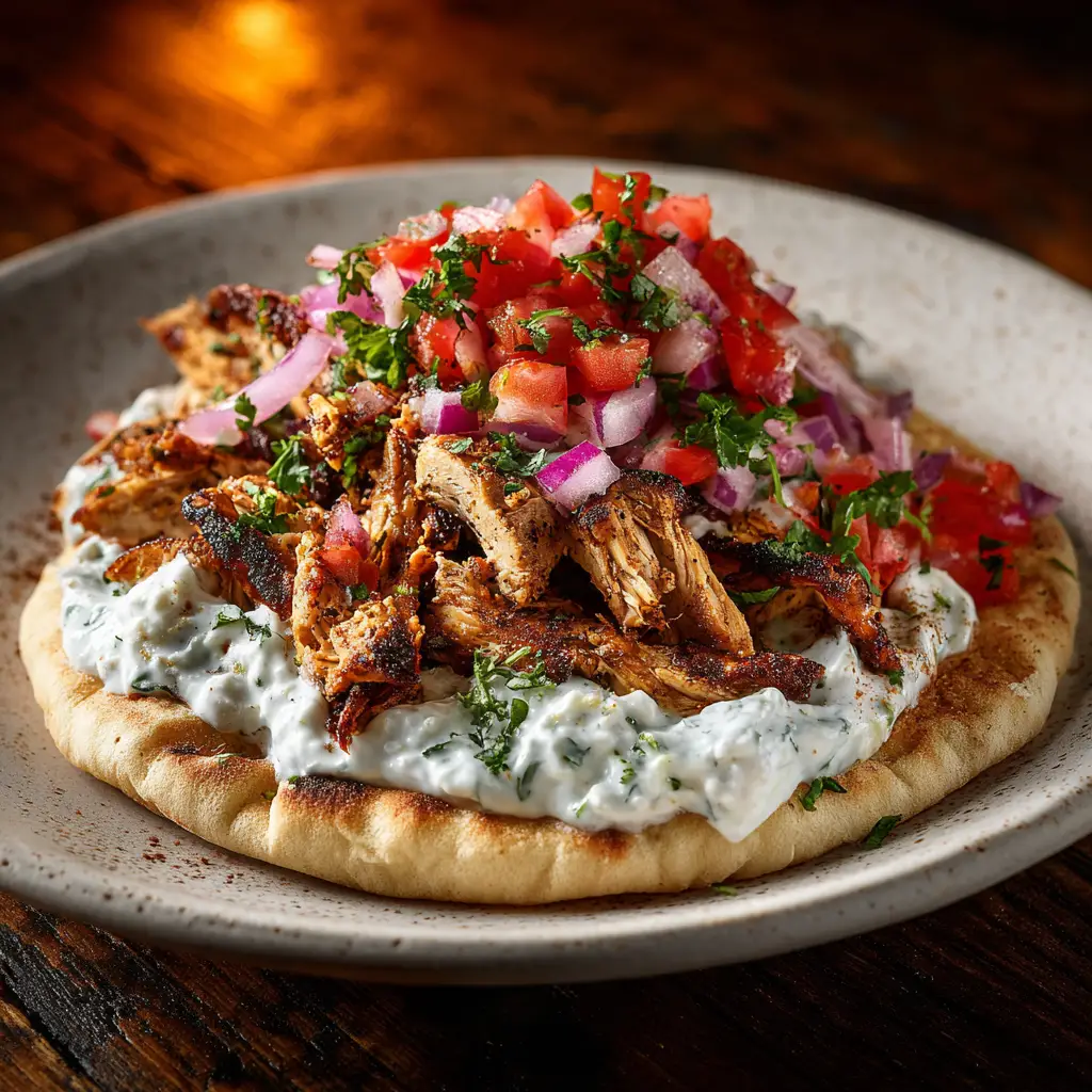 An assembled Greek chicken gyro on a warm pita bread, generously topped with fresh tomatoes, red onions, and creamy tzatziki sauce.