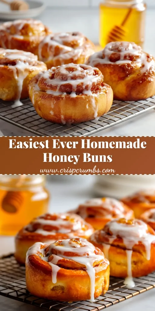 A pan of delicious homemade honey buns covered in a sweet honey glaze. The buns are golden brown and arranged neatly in a baking dish, ready to be served.