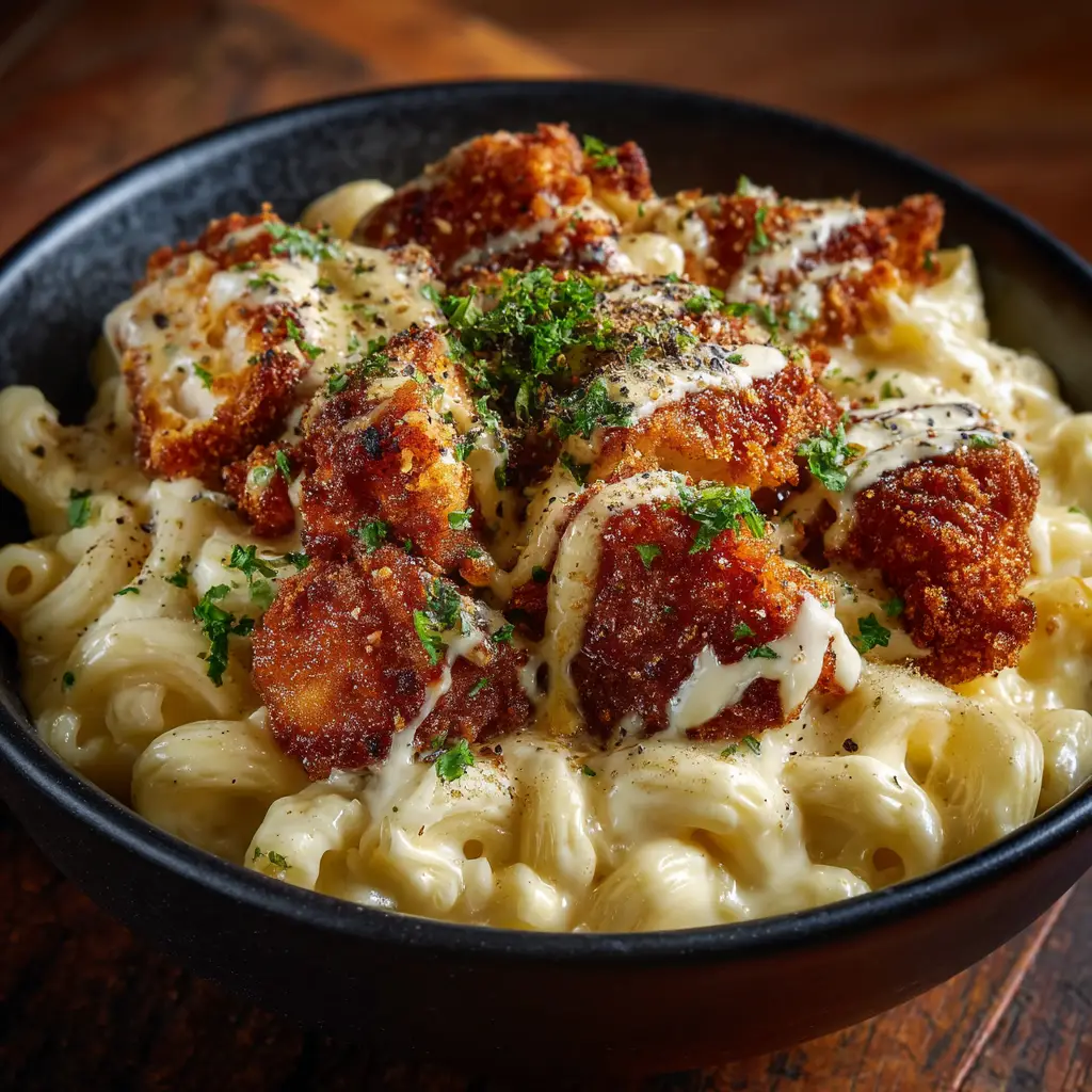 An appetizing bowl of honey pepper chicken mac and cheese, highlighting the glossy glaze on the chicken pieces mixed with pasta.