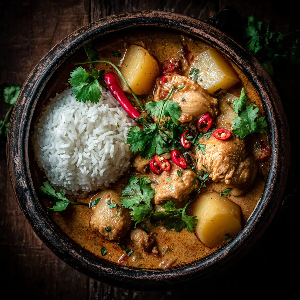 A close-up view of a finished bowl of homemade Massaman Curry, emphasizing the rich sauce and tender chicken. This image showcases the final result of the recipe.
