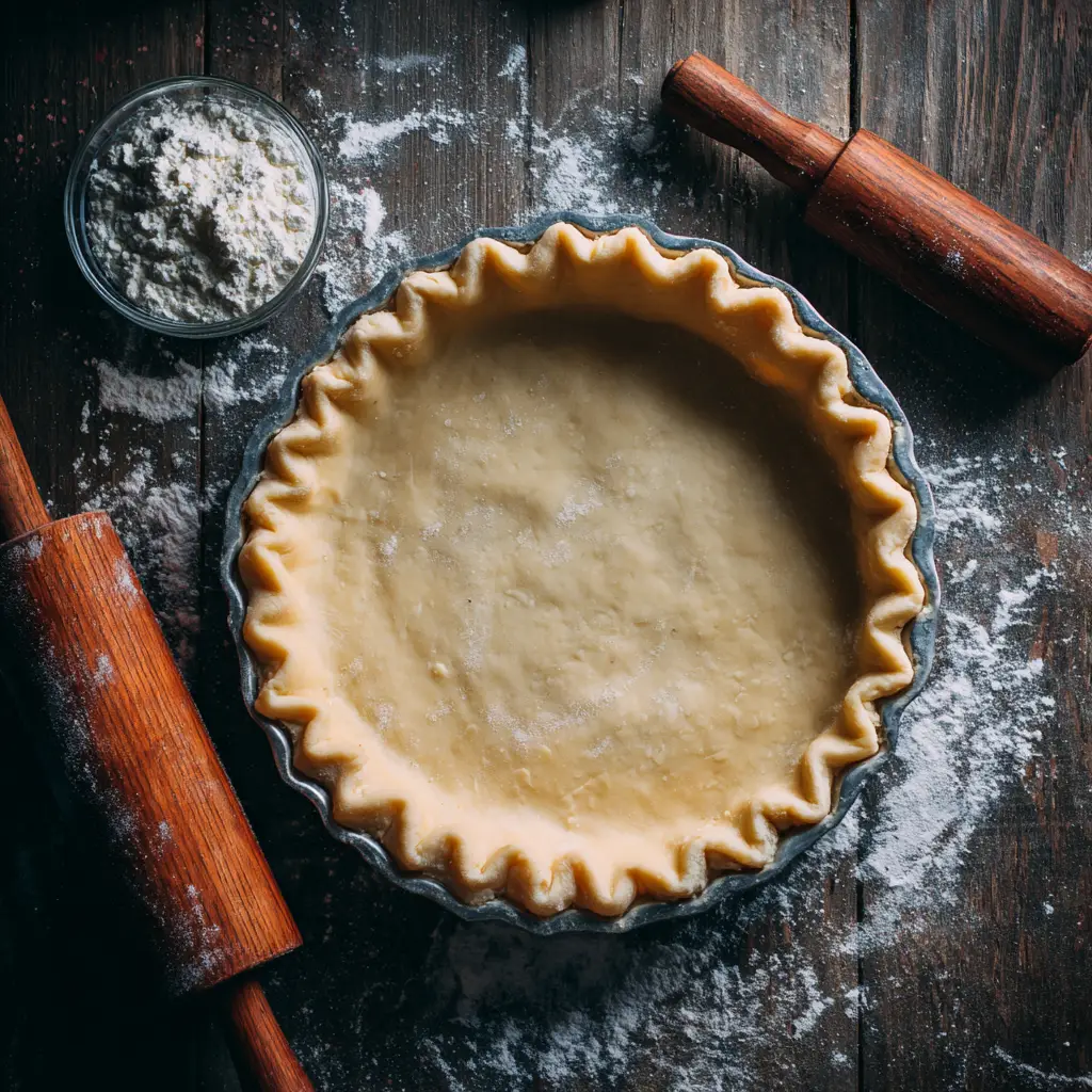An unbaked homemade pie crust, perfectly fitted into a metal pie pan, ready for its filling. A demonstration of our perfect pie crust technique.