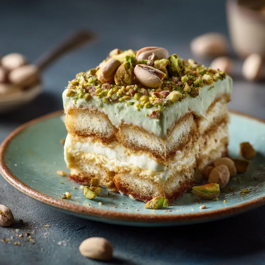 The full dish of homemade pistachio tiramisu, freshly assembled in a glass baking dish and ready to be chilled.