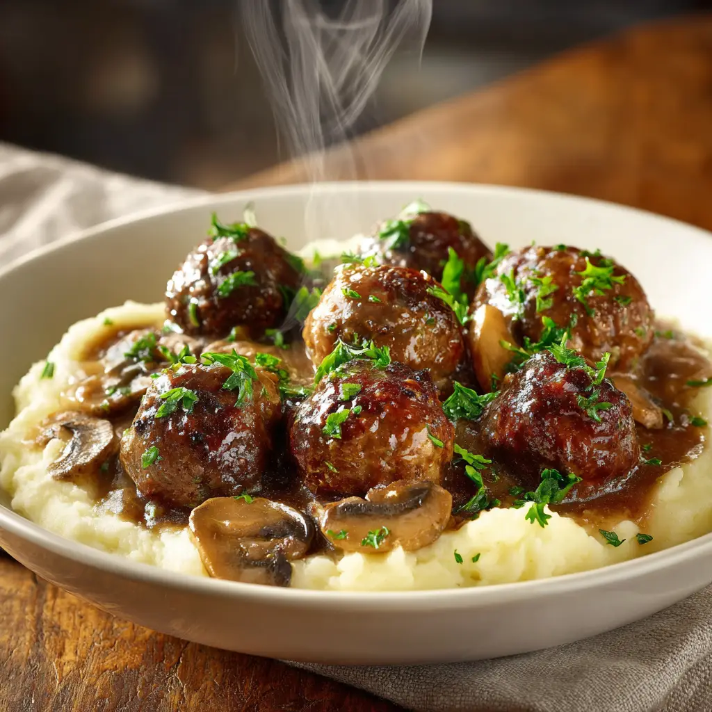 A close-up overhead shot of juicy Salisbury Steak Meatballs in a dark skillet, showing the texture of the rich mushroom gravy.