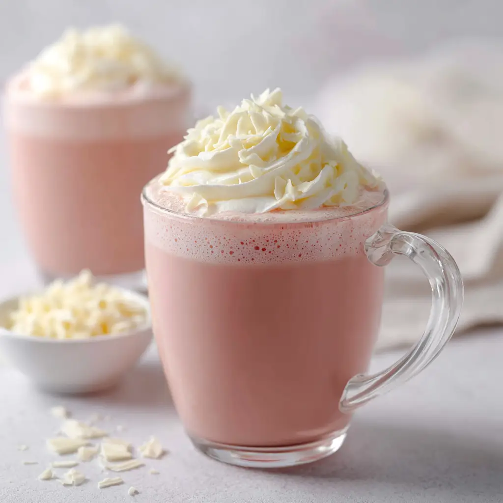 Two mugs of finished strawberry hot chocolate, garnished with whipped cream, white chocolate shavings, and fresh strawberries.