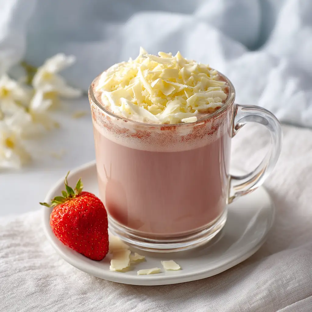A cozy mug of homemade strawberry hot chocolate, glowing with a warm pink hue and topped with fluffy whipped cream.