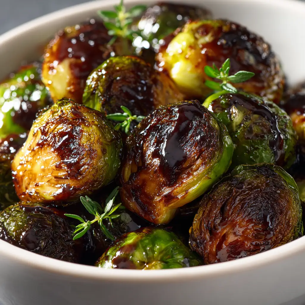A side-view of a baking sheet filled with freshly roasted honey balsamic brussels sprouts, glistening with glaze.