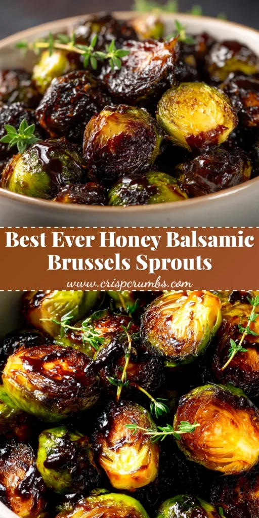 A top-down view of perfectly roasted Honey Balsamic Brussels Sprouts in a white serving bowl, ready to be eaten. The sprouts are crispy and caramelized.