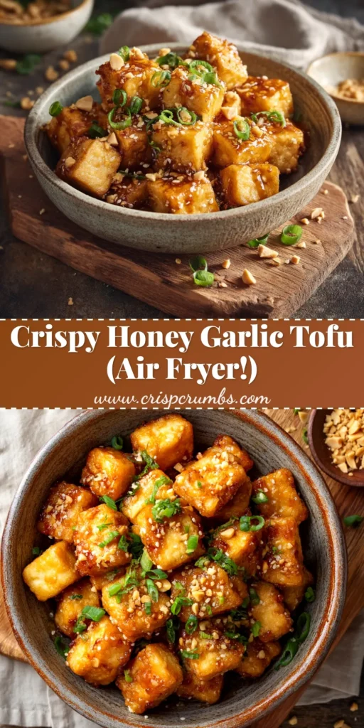 A close-up shot of crispy Honey Garlic Air Fryer Tofu in a white bowl, garnished with sesame seeds and green onions. The tofu is glistening with a sticky glaze.