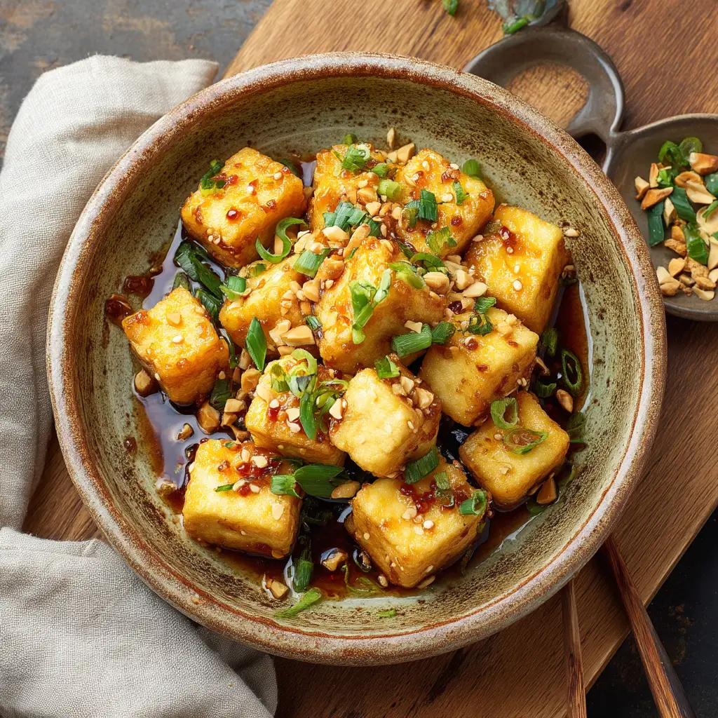 A bowl of finished Honey Garlic Air Fryer Tofu being tossed with a sticky, glistening sauce. The focus is on the action of coating the crispy tofu.