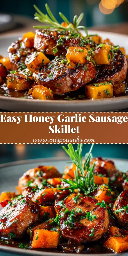 A top-down view of a sheet pan with Honey Garlic Sausage and Sweet Potato, garnished with fresh parsley. The sausage is caramelized and the sweet potatoes are golden brown.