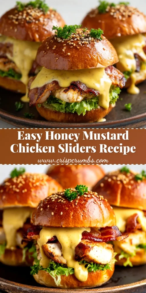 A shareable pin image of Honey Mustard Chicken Sliders on a platter, showing the melted Swiss cheese and golden-brown Hawaiian roll tops.