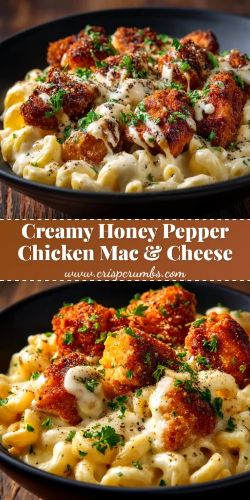 A large white bowl filled with creamy honey pepper chicken mac and cheese, garnished with fresh parsley and black pepper.