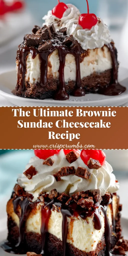 A stunning slice of Hot Fudge Sundae Brownie Cheesecake on a white plate, drizzled with rich hot fudge sauce and topped with whipped cream and a cherry.