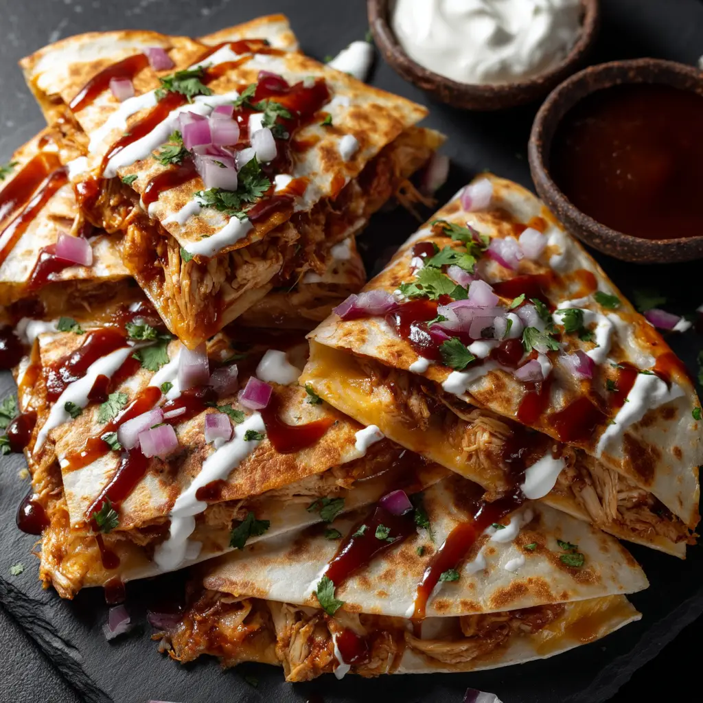 A close-up shot of the hot honey bbq chicken quesadilla filling being mixed in a bowl, showing shredded chicken, cheese, and sauce.