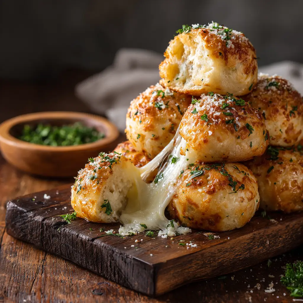A process shot showing how to assemble the garlic butter cheese bombs: a flattened biscuit dough with a cube of mozzarella cheese in the center before sealing.
