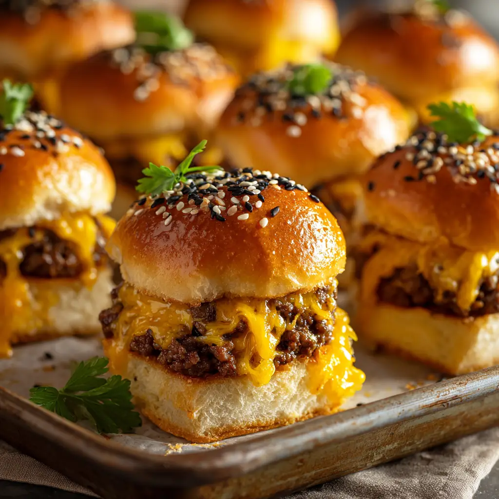 The process of assembling the cheeseburger sliders, with the ground beef mixture being spread over the bottom half of the Hawaiian rolls.