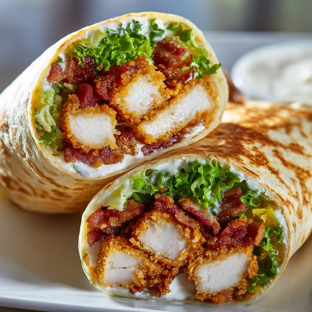 A fresh chicken bacon ranch wrap being assembled on a wooden board, with all the fresh ingredients like tomatoes, onions, and lettuce visible.