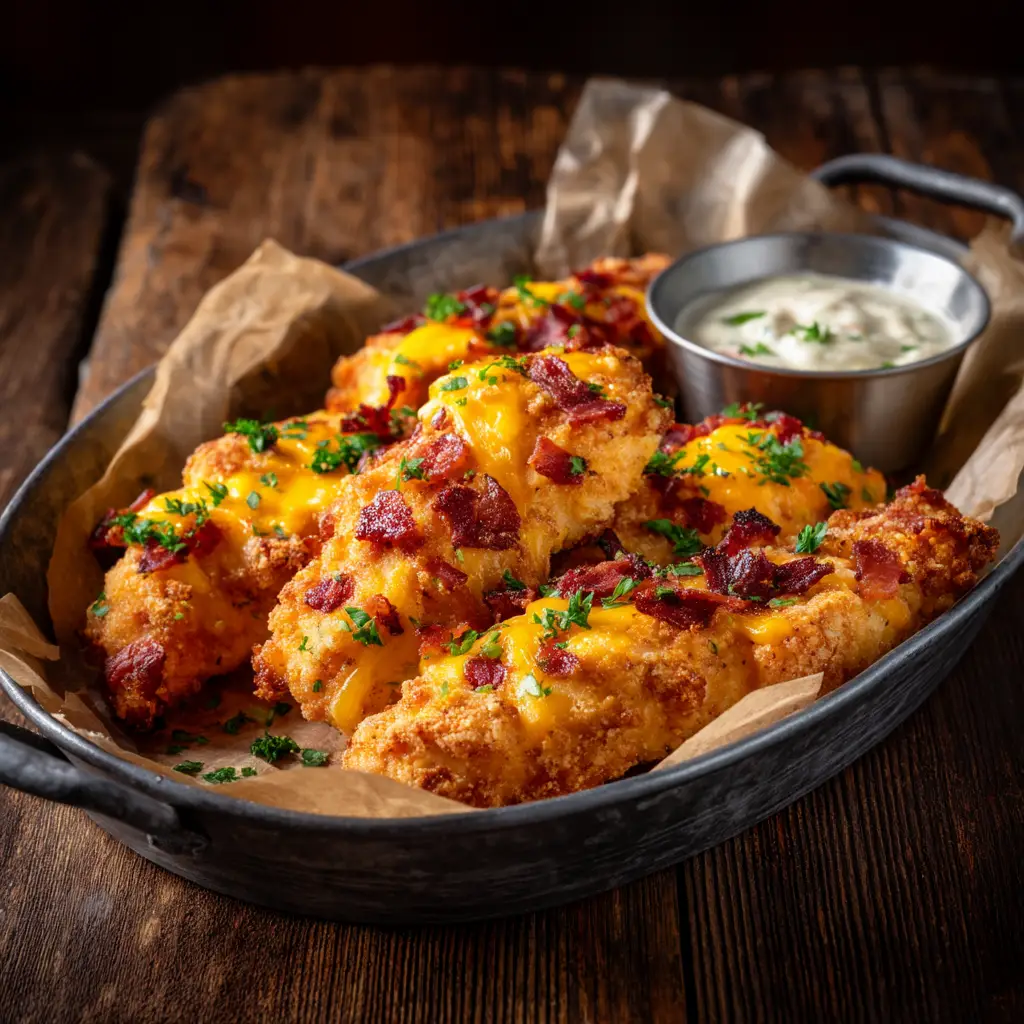 The process of making crack chicken tenders, showing the tenders on a baking sheet topped with the cream cheese mixture before baking.