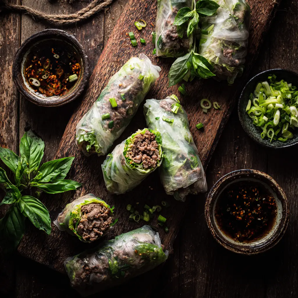 An overhead view of the process of making Thai basil beef rolls, showing the ingredients laid out and ready for assembly next to a rice paper wrapper.