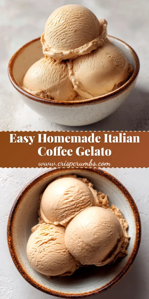 A scoop of rich and creamy Italian coffee gelato in a white bowl, garnished with coffee beans. The perfect homemade espresso gelato recipe.