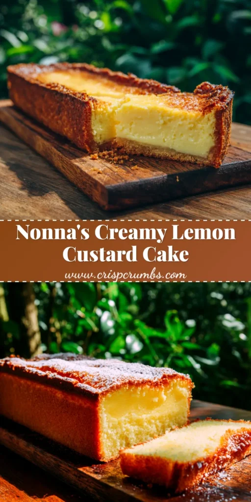 A beautiful slice of Italian Lemon Custard Cake (Torta della Nonna) on a white plate, showing the creamy custard filling and flaky pastry, dusted with powdered sugar.