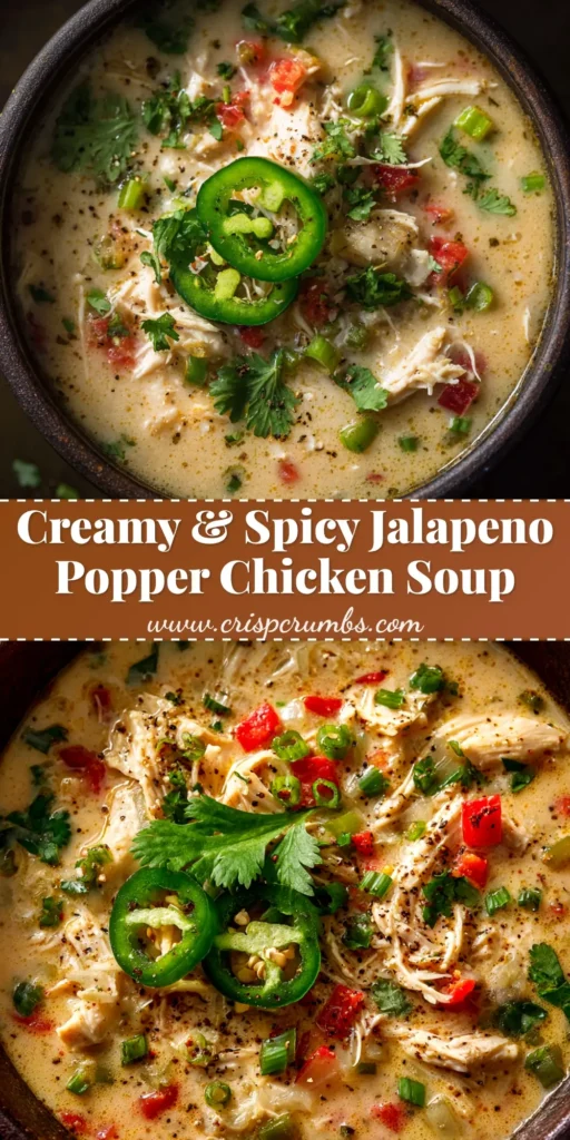 A bowl of creamy Jalapeno Popper Chicken Soup topped with shredded cheddar cheese, crispy bacon, and fresh sliced jalapenos.