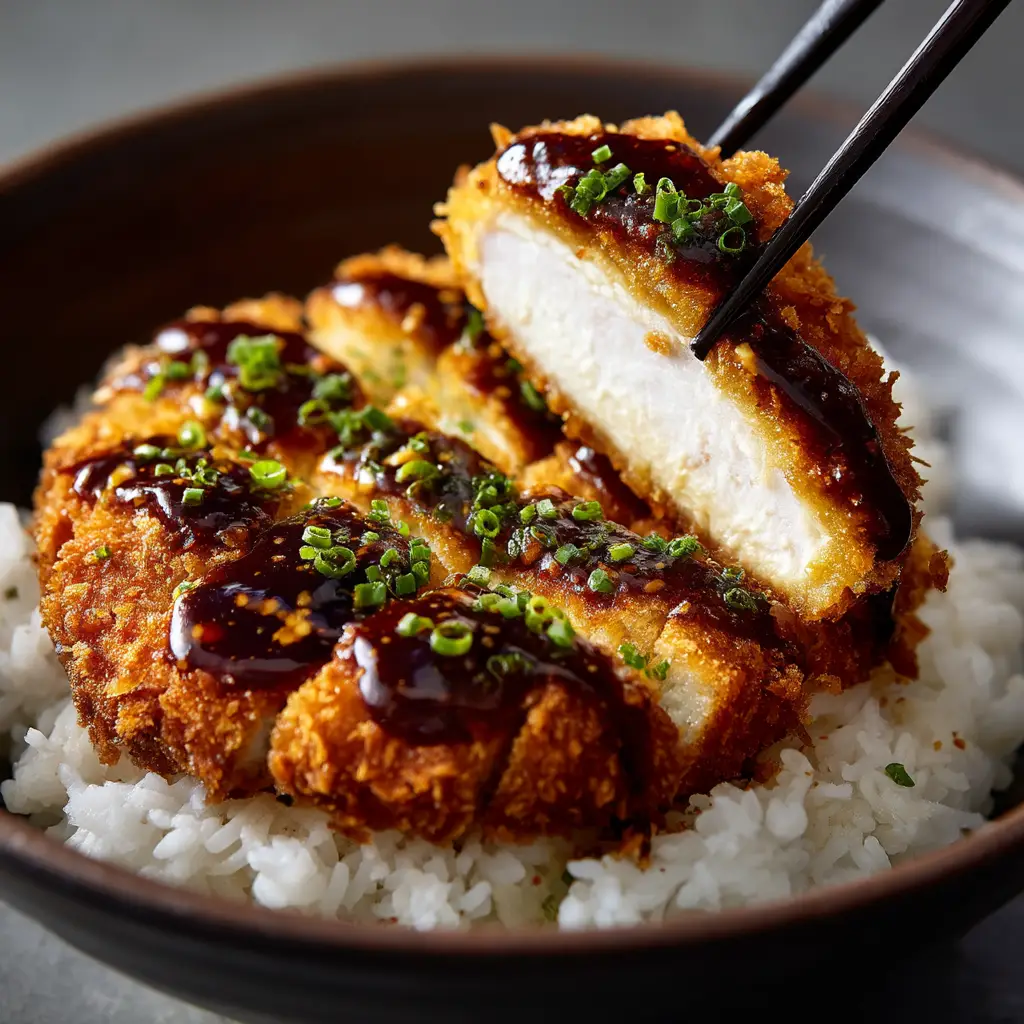 A side view of a homemade katsu bowl, showcasing the layers of steamed rice, crispy pork cutlet, savory egg, and fresh scallion garnish.